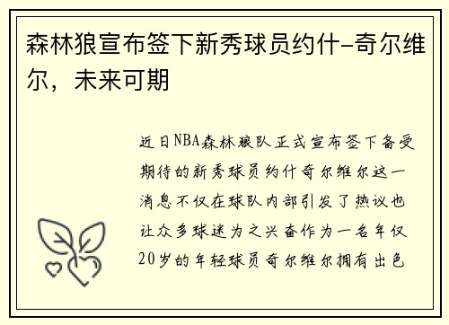 森林狼宣布签下新秀球员约什-奇尔维尔，未来可期